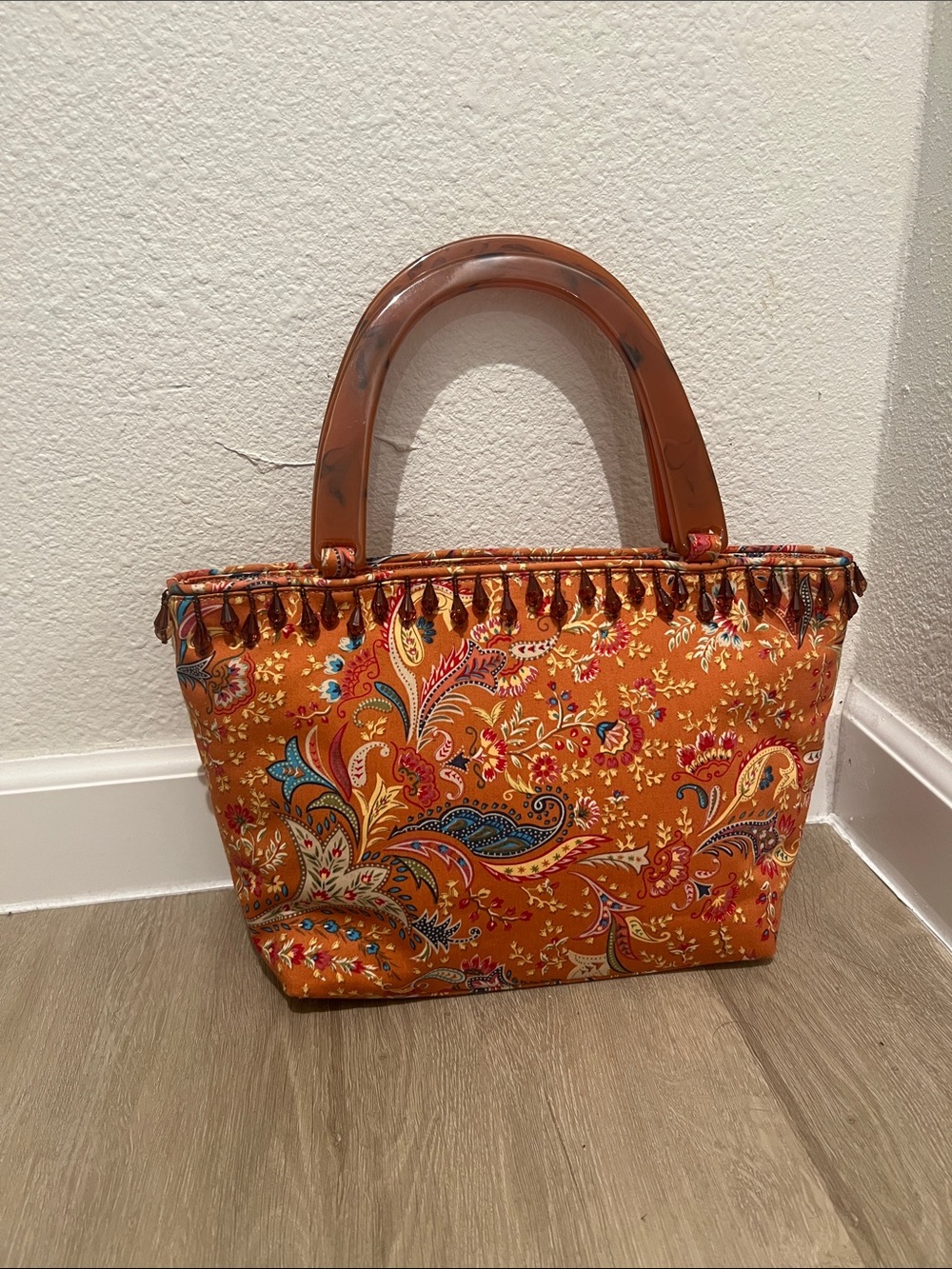 Vintage Boho Talbots Orange Paisley Tote with Brown Acrylic Handles like new